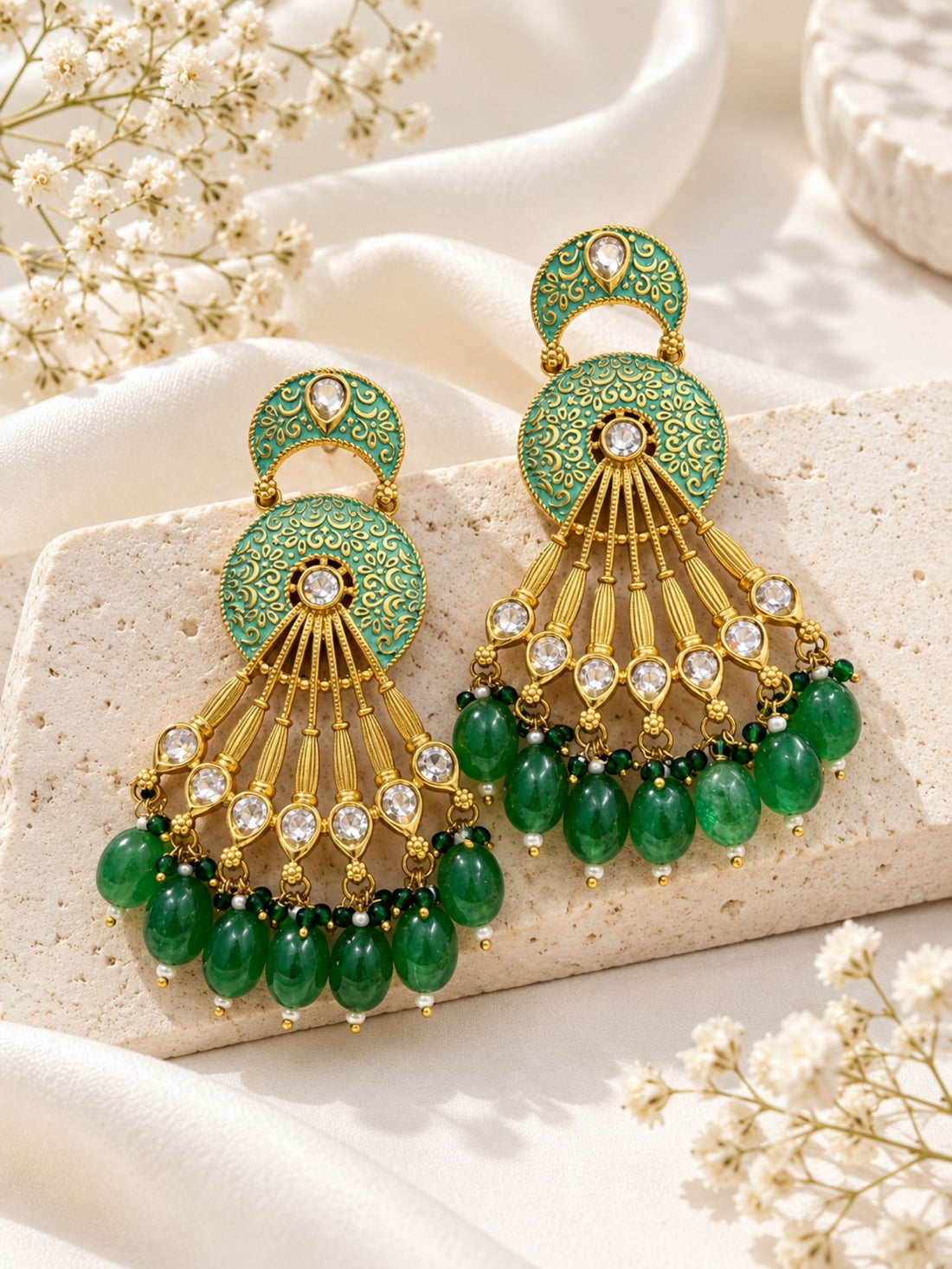 Meenakari Kundan Green Bead Chandbali Earrings | Abdesigns