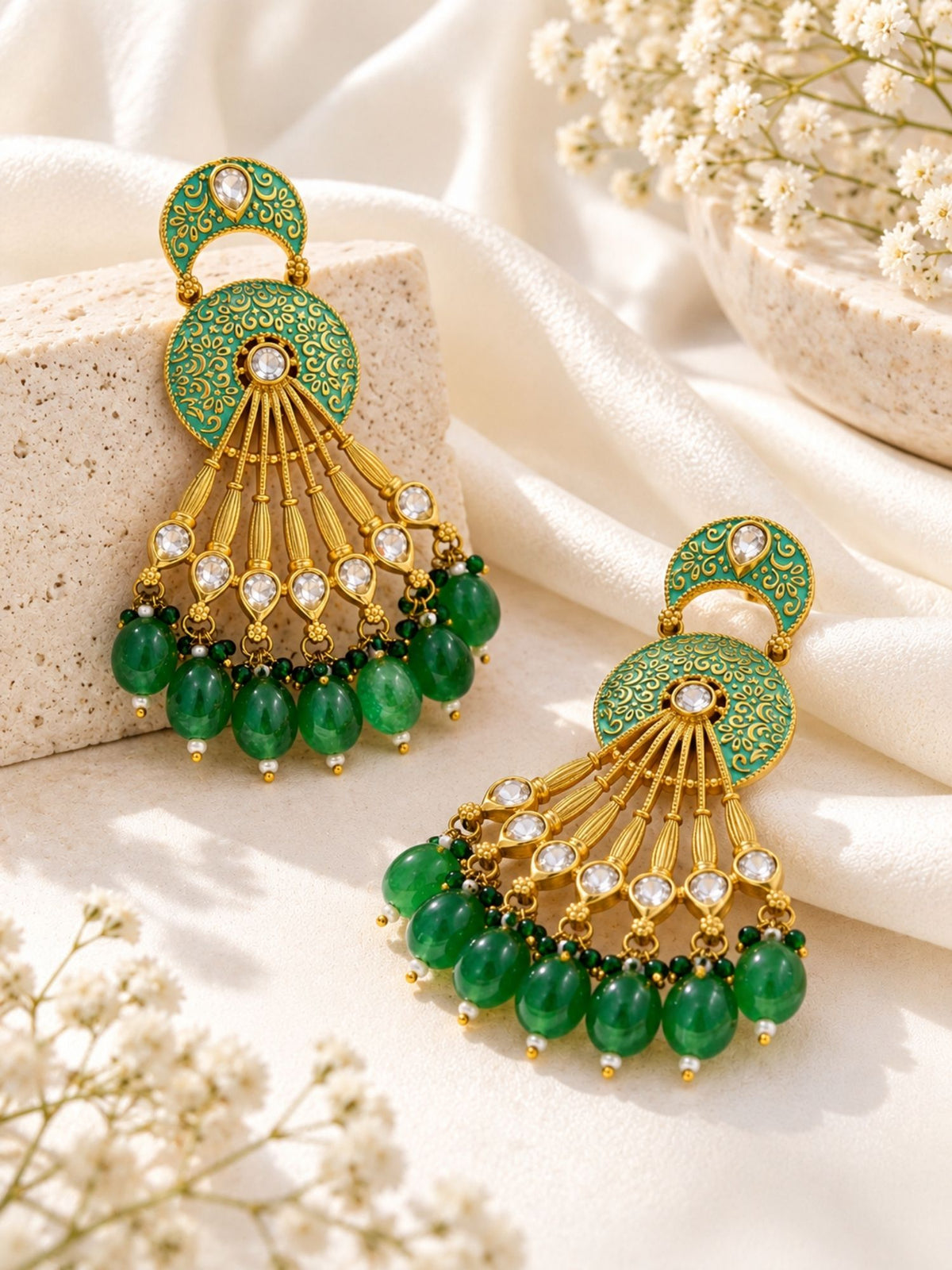 Meenakari Kundan Green Bead Chandbali Earrings | Abdesigns