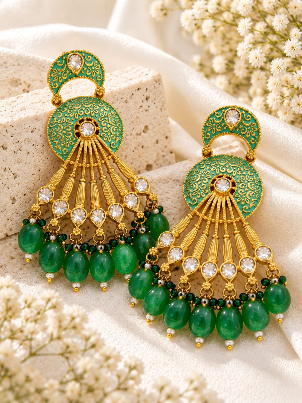 Meenakari Kundan Green Bead Chandbali Earrings | Abdesigns
