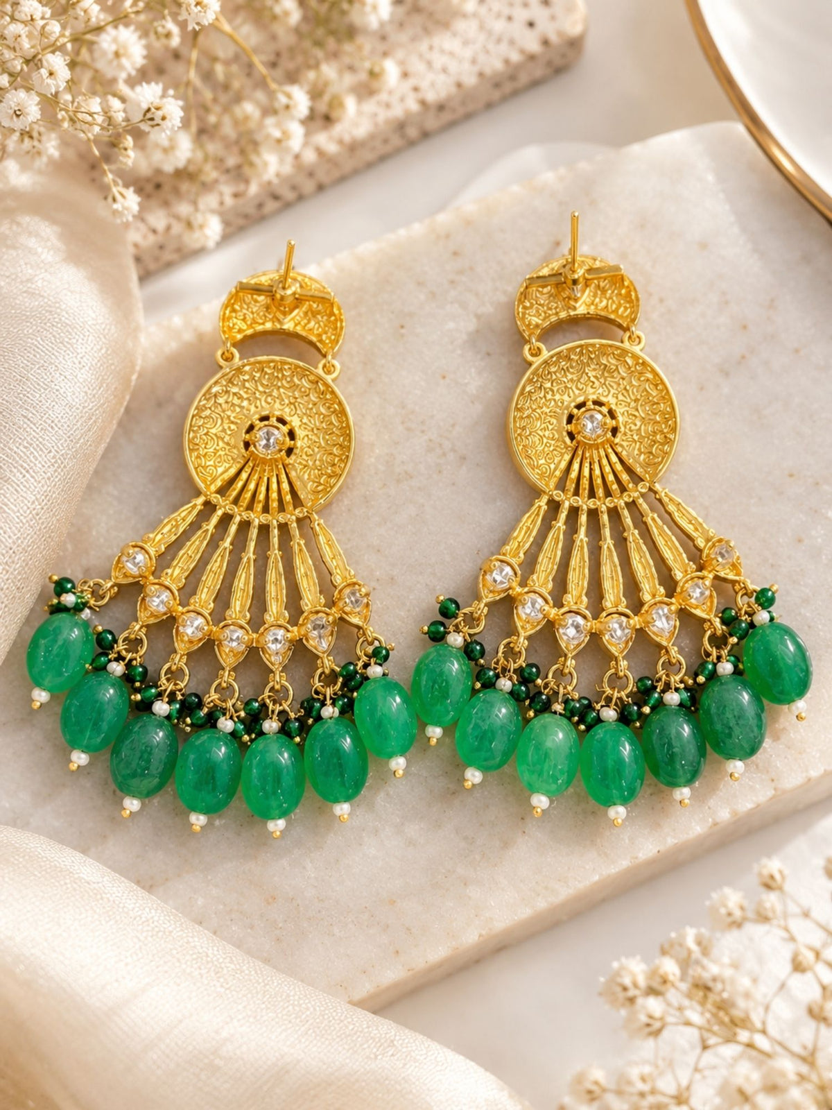 Meenakari Kundan Green Bead Chandbali Earrings | Abdesigns