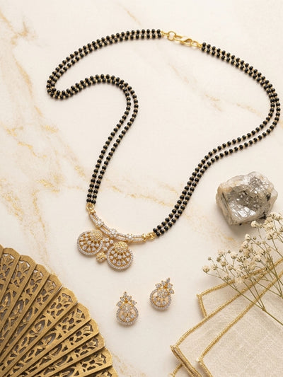 Abdesigns Black Beads CZ Pendant Mangalsutra With Earrings