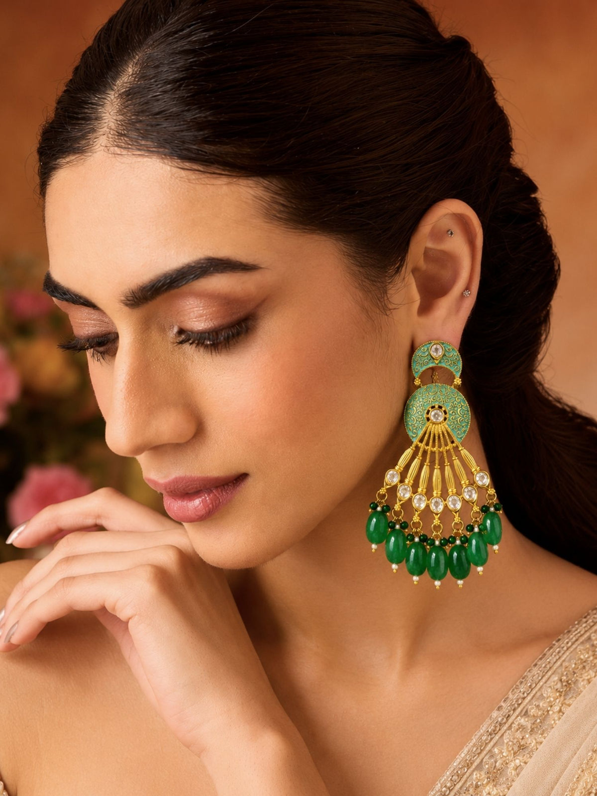 Meenakari Kundan Green Bead Chandbali Earrings | Abdesigns
