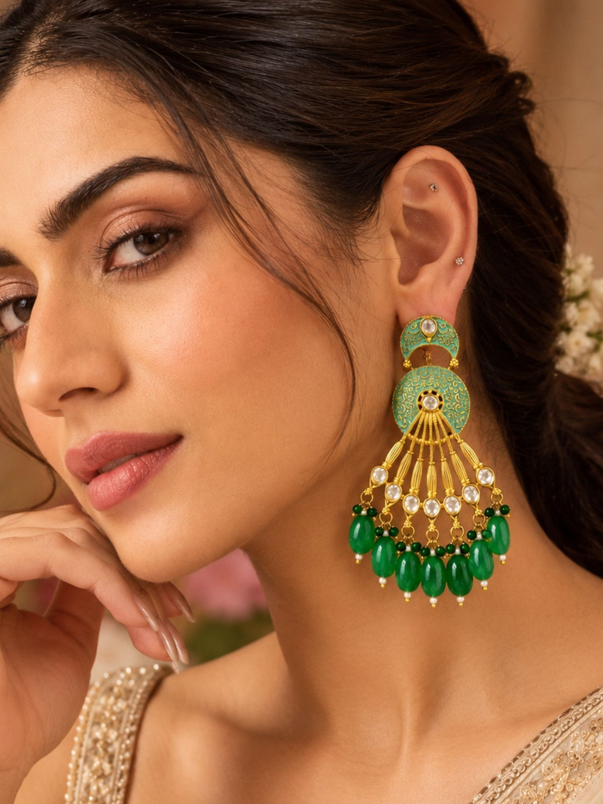 Meenakari Kundan Green Bead Chandbali Earrings | Abdesigns