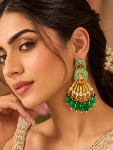 Meenakari Kundan Green Bead Chandbali Earrings | Abdesigns