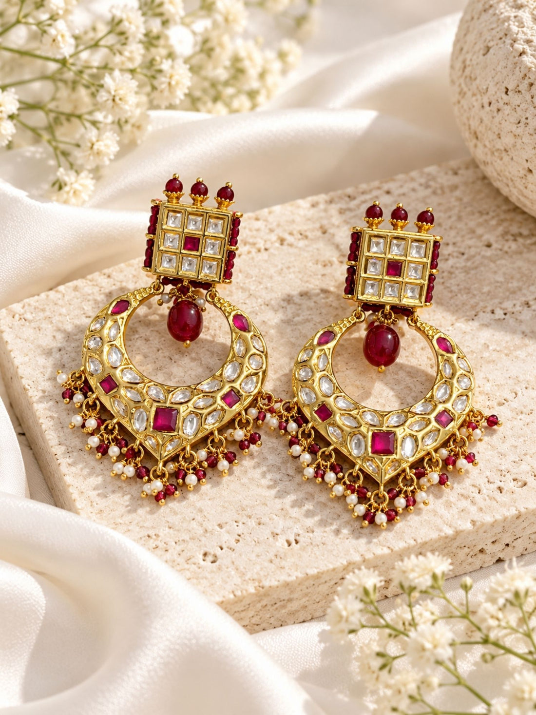 Kundan Ruby Pearl Chandbali Earrings Gold Plated | Abdesigns