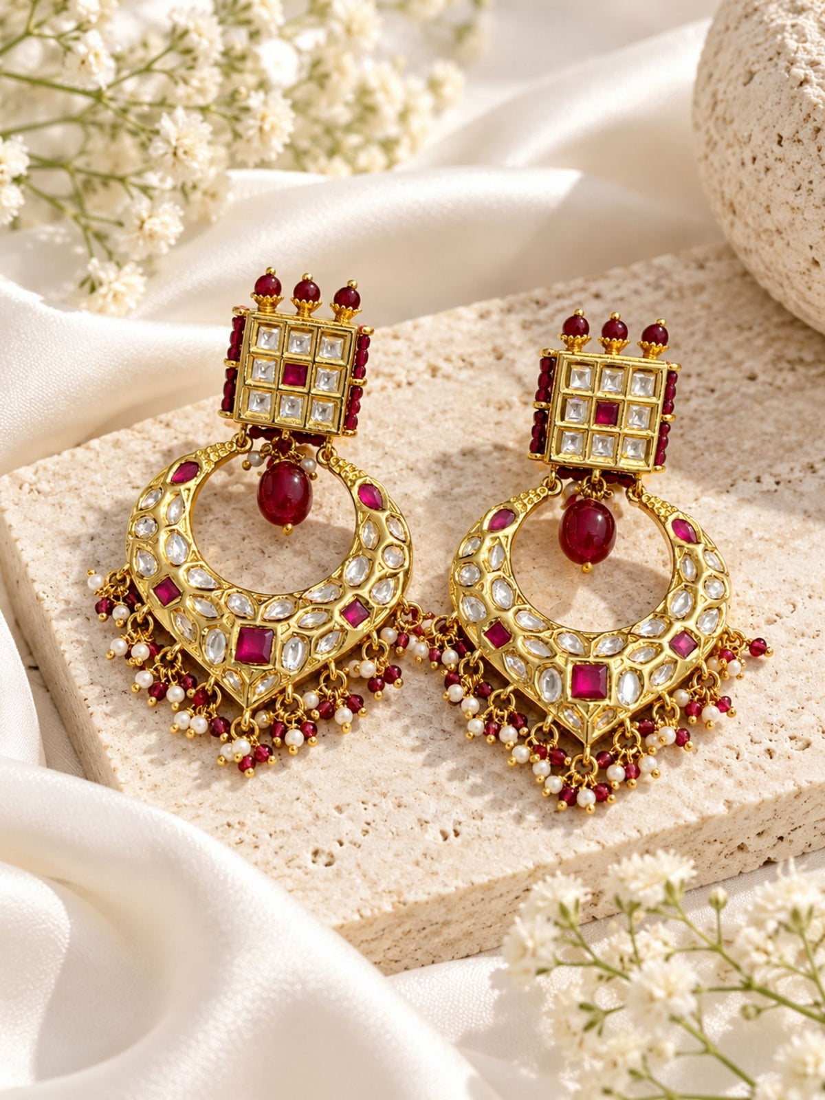 Kundan Ruby Pearl Chandbali Earrings Gold Plated | Abdesigns