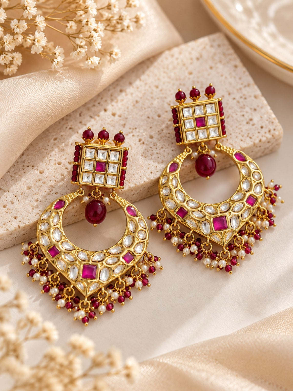 Kundan Ruby Pearl Chandbali Earrings Gold Plated | Abdesigns