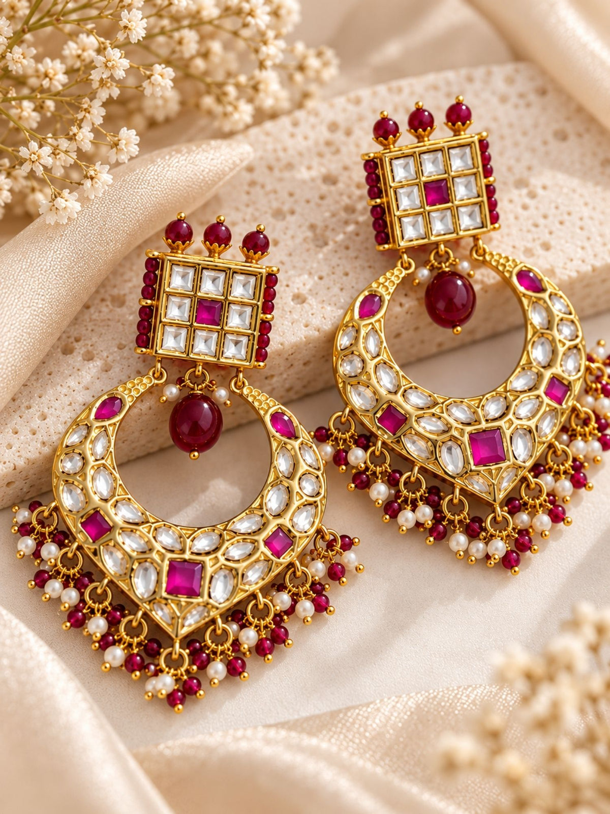 Kundan Ruby Pearl Chandbali Earrings Gold Plated | Abdesigns