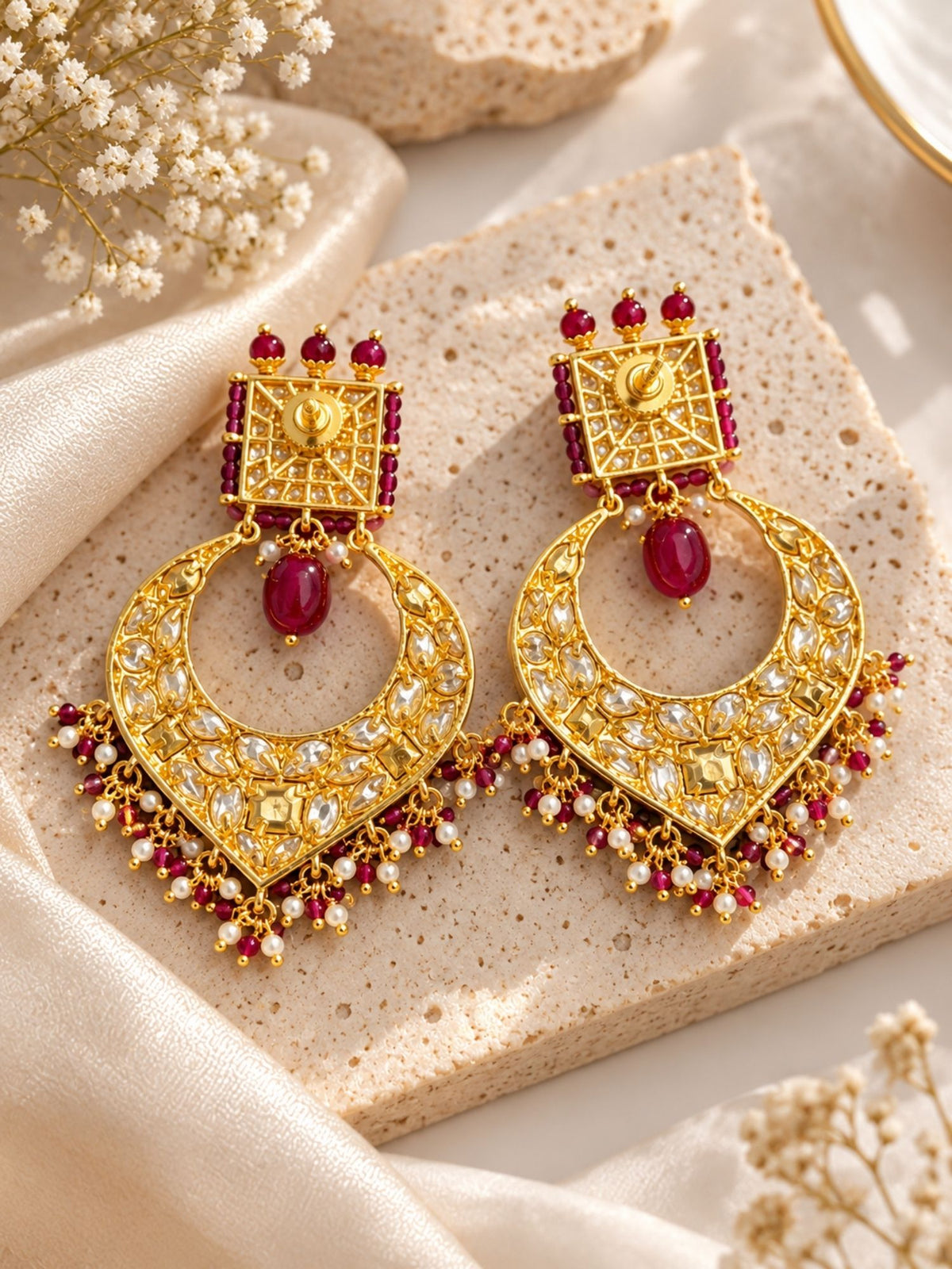 Kundan Ruby Pearl Chandbali Earrings Gold Plated | Abdesigns