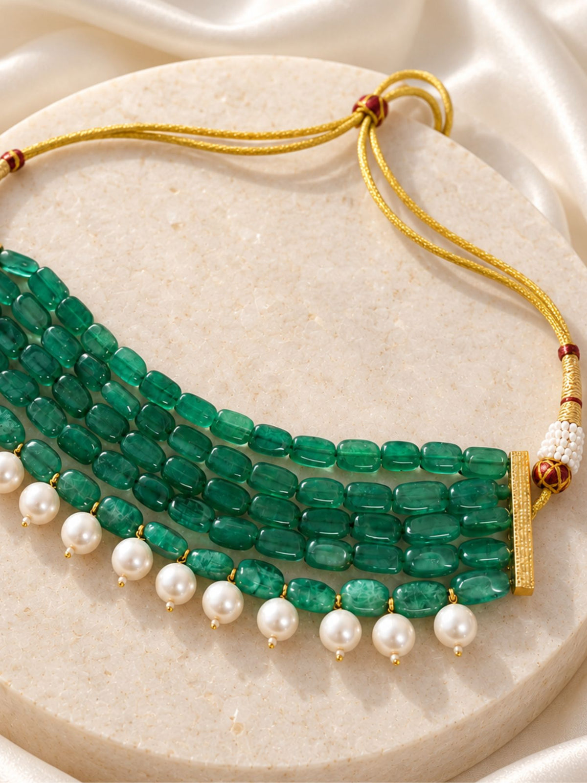 Gold Plated Green Beaded Pearl Multi-Layer Choker Necklace for Women