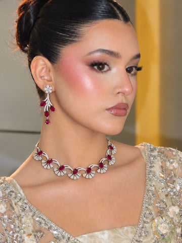 Silver Plated Red Color American Diamond Necklace Set