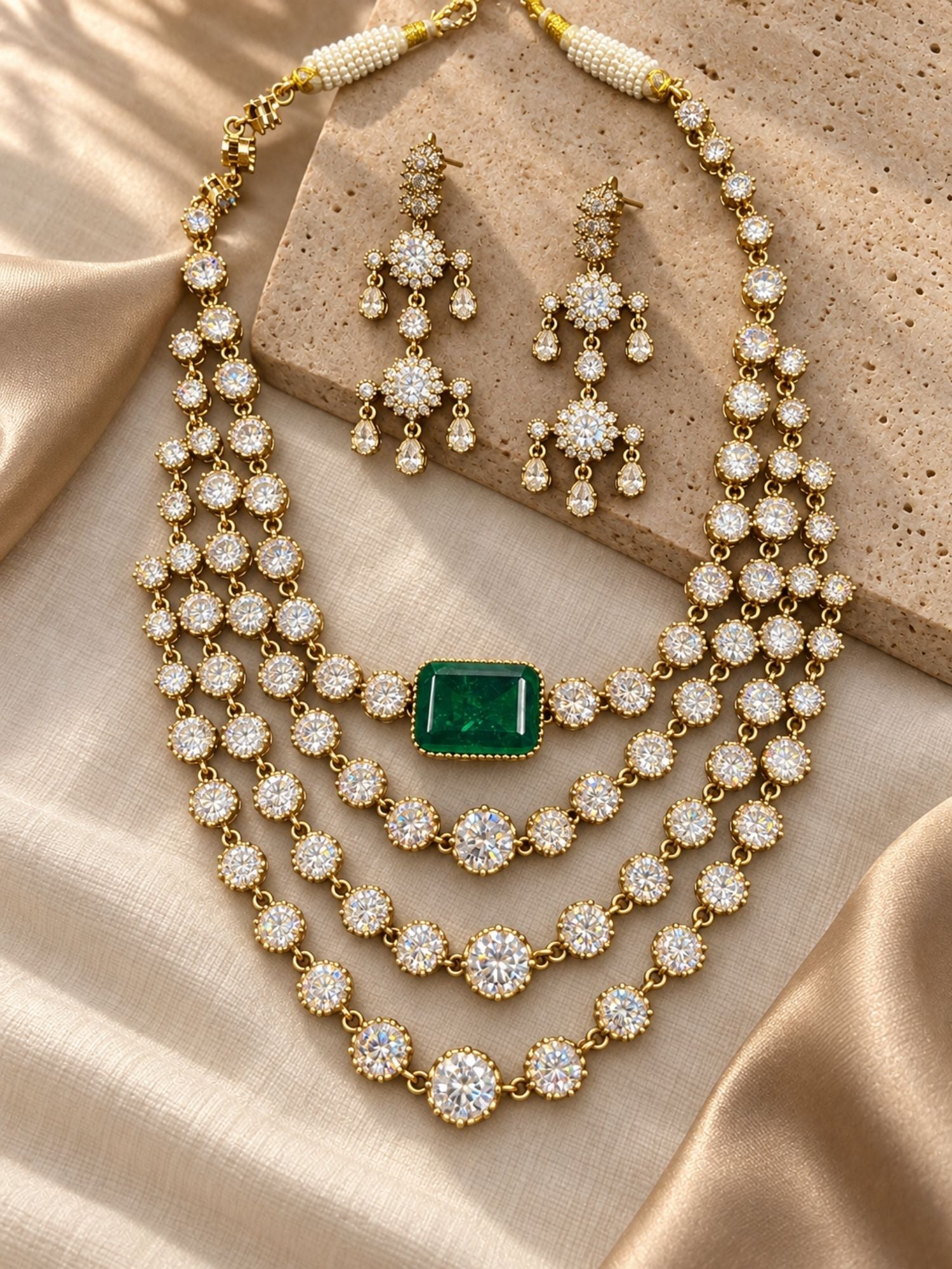 Victorian Gold Plated Green Stone Layered AD Statement Necklace Set with Earrings