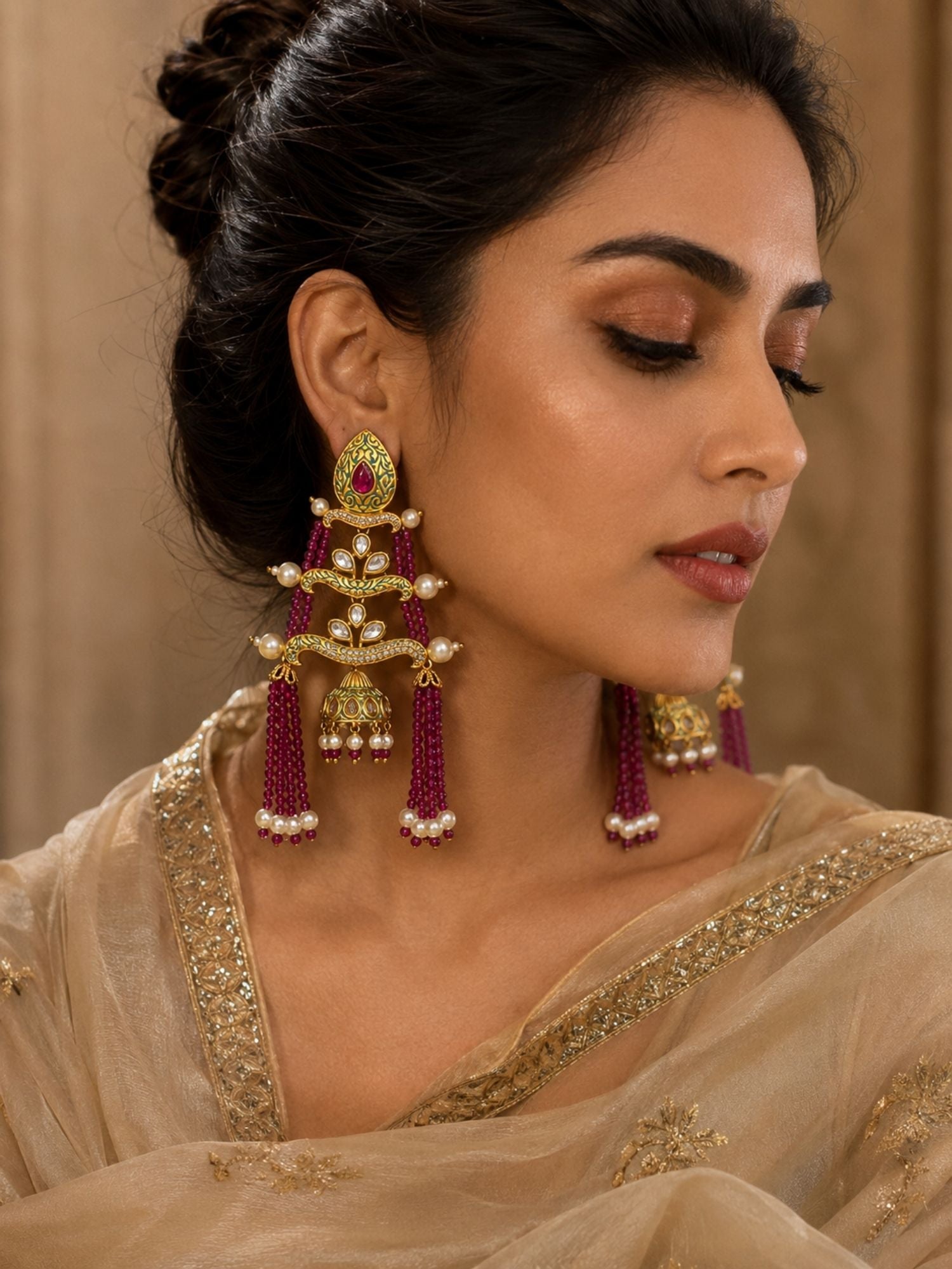 Royal Pink Beaded Jhumka Tassel Earrings – Traditional Kundan Statement Earrings - earrings by Abdesigns Jewellery