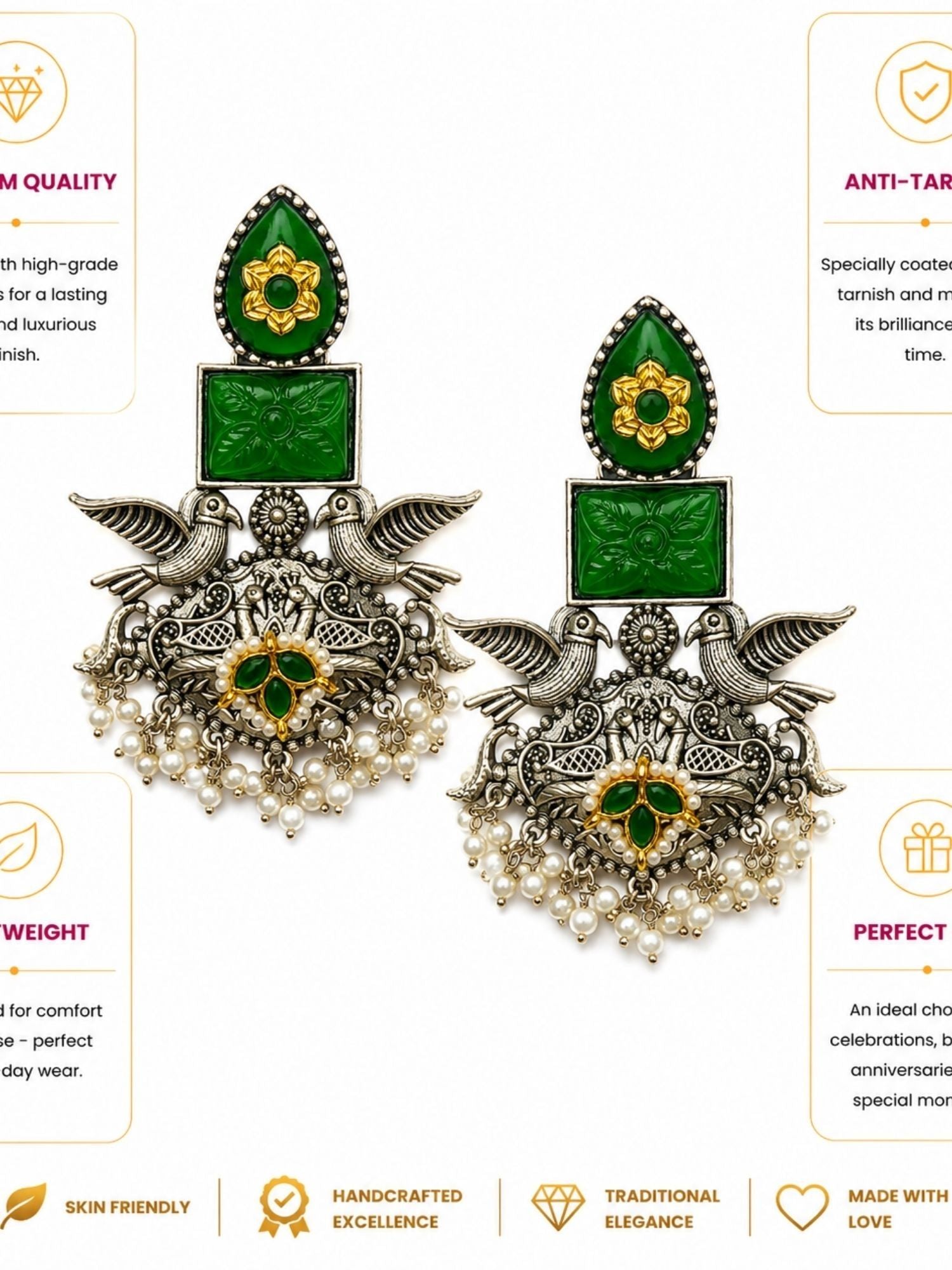 Oxidised Silver Earrings in Green Stone – Festive | Abdesigns