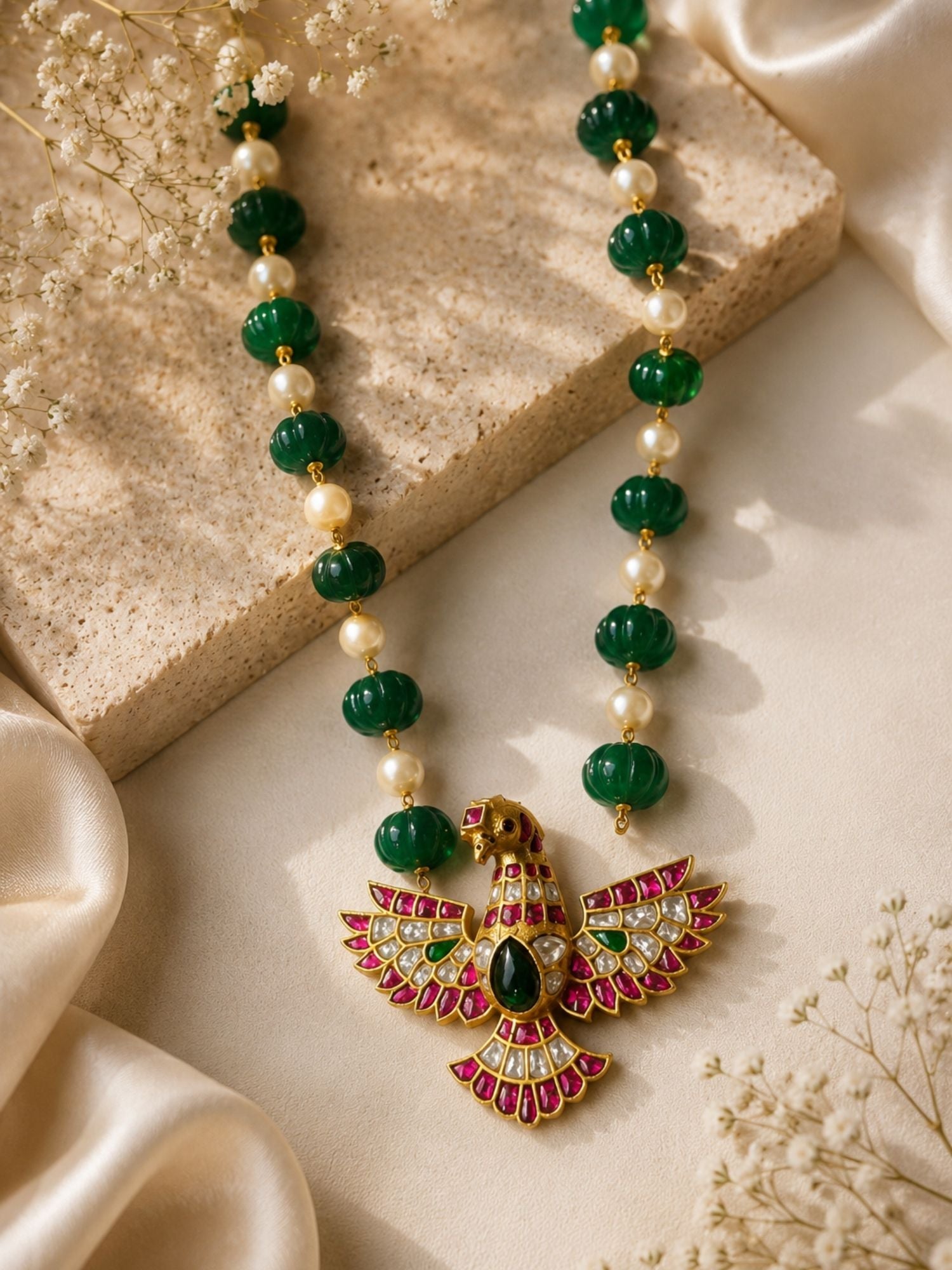 Close-up of Kundan bird pendant with pink and green stones on green bead necklace