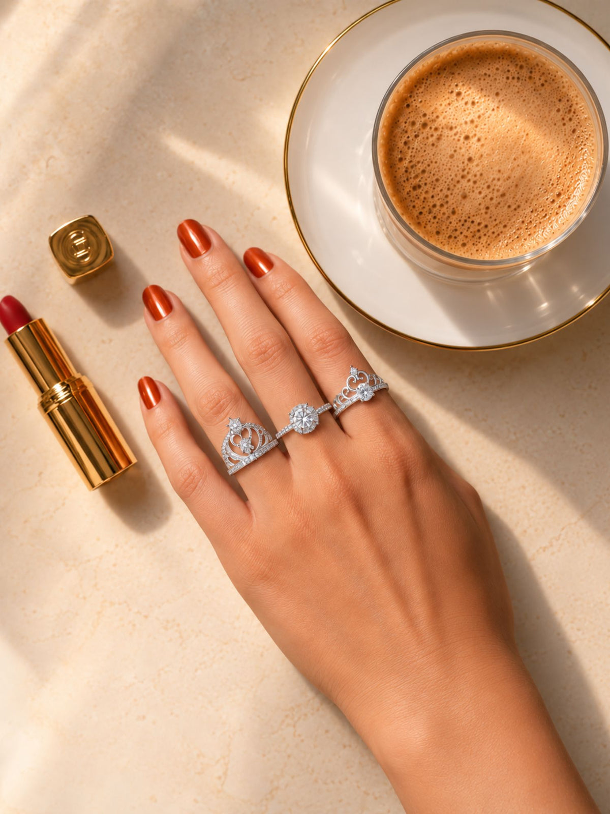 Set of 3 Silver Plated AD Stone Crown & Solitaire Statement Rings for Women