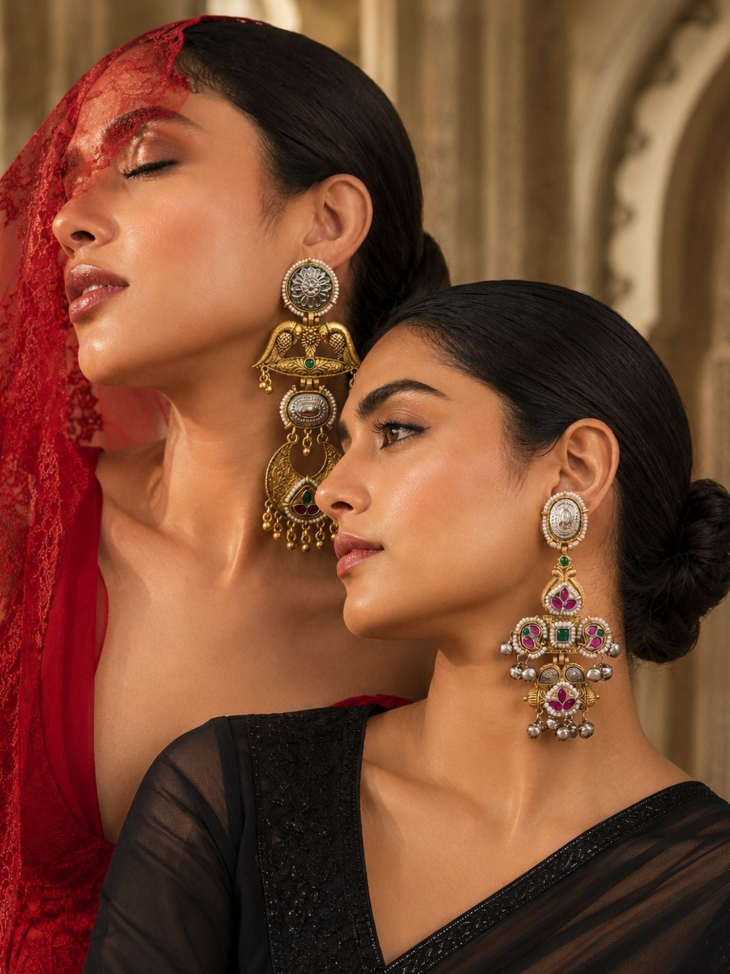 Dual Tone Pink Meenakari German Silver Jhumka Earrings Combo Set of 2 for Women