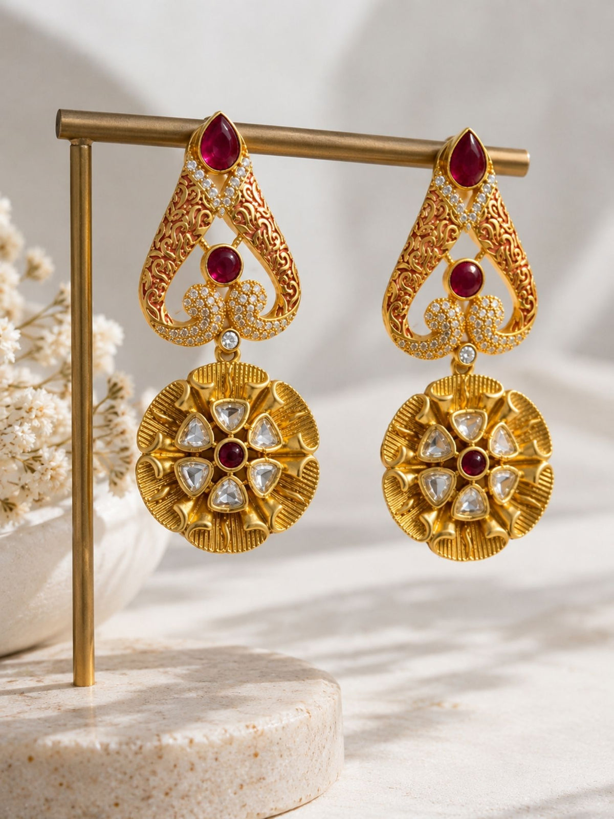 Red Meenakari Kundan Floral Statement Earrings | Abdesigns Jewellery