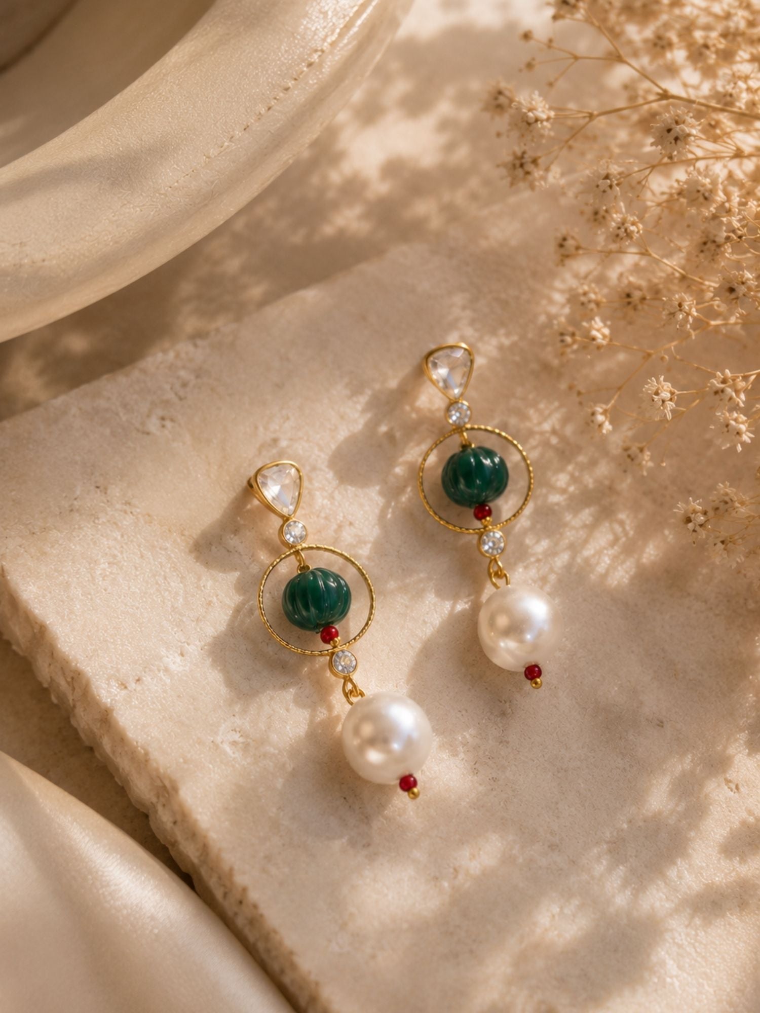Combo Of Gold Plated Kundan Pearl & Green Bead Earrings