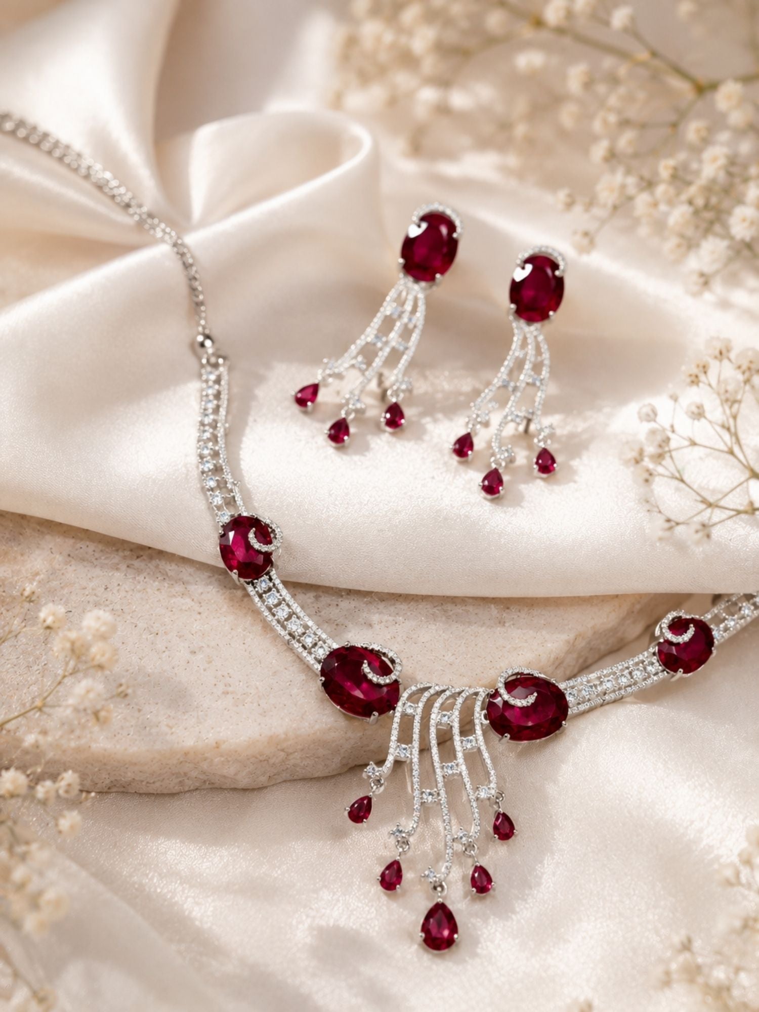Silver Tone Cz Emerald Ruby American Diamond Necklace Set | Abdesigns