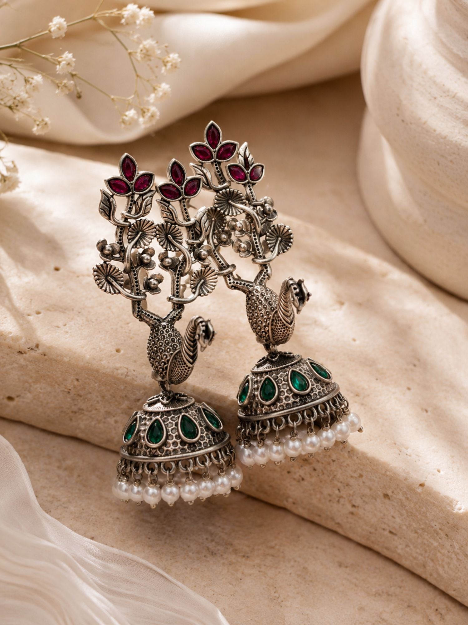 Set of 4 Oxidised Silver Statement Earrings for Women