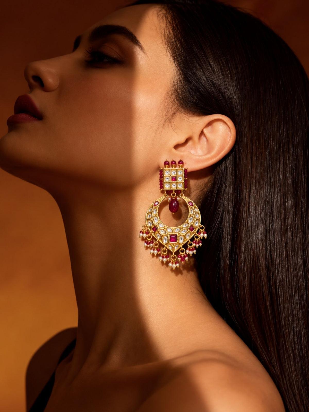 Kundan Ruby Pearl Chandbali Earrings Gold Plated | Abdesigns