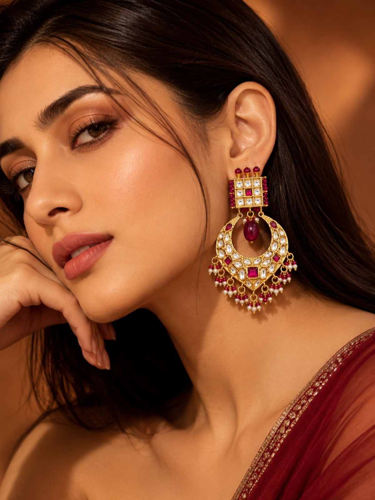 Kundan Ruby Pearl Chandbali Earrings Gold Plated | Abdesigns