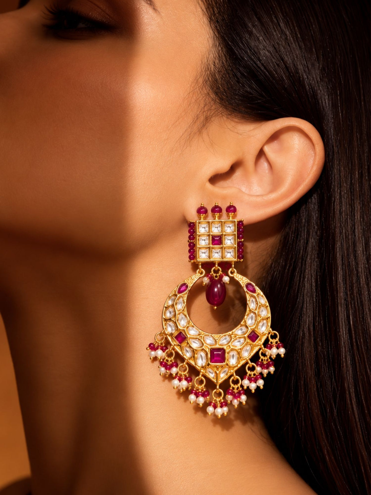Kundan Ruby Pearl Chandbali Earrings Gold Plated | Abdesigns
