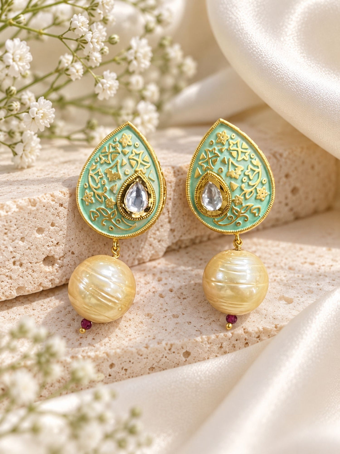 Mint Green Meenakari Kundan Pearl Earrings | Abdesigns Jewellery