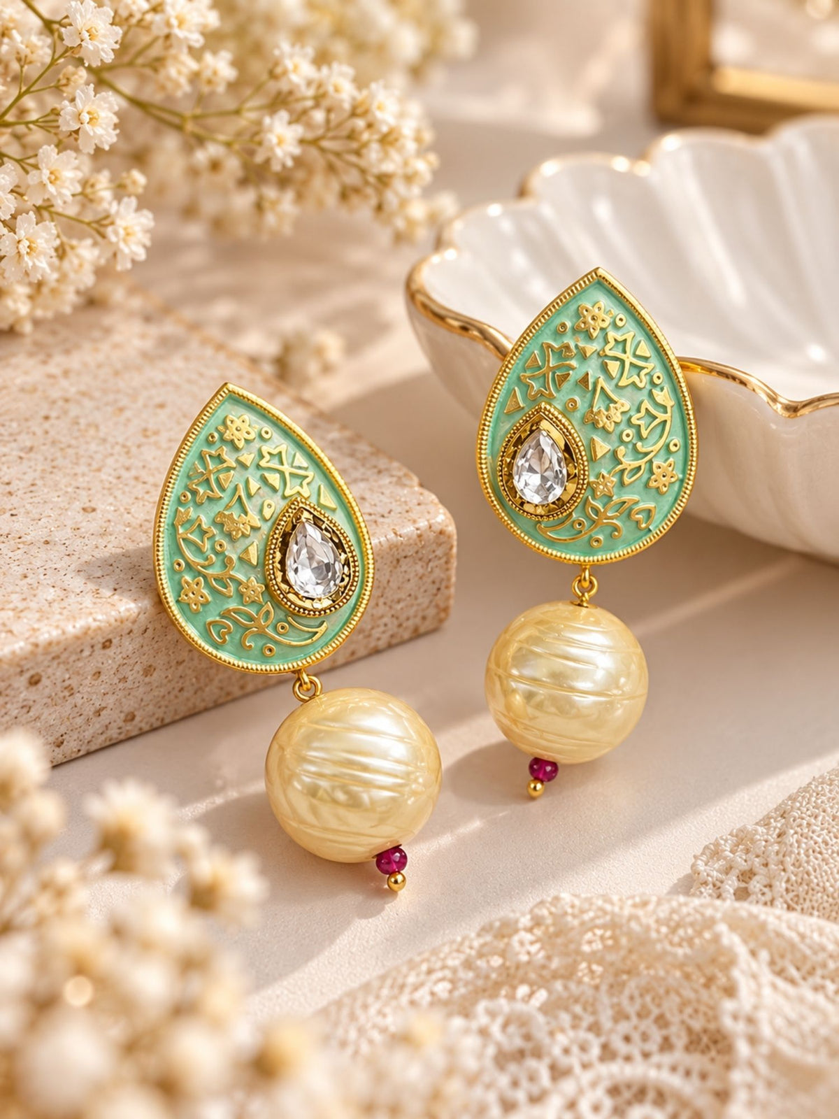Mint Green Meenakari Kundan Pearl Earrings | Abdesigns Jewellery