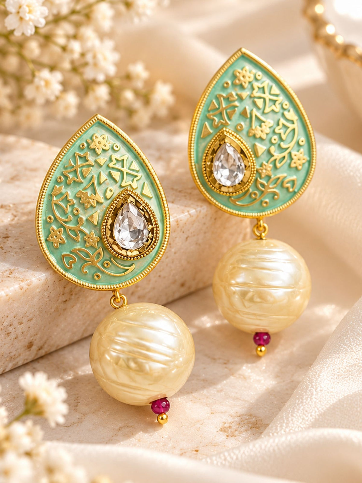 Mint Green Meenakari Kundan Pearl Earrings | Abdesigns Jewellery