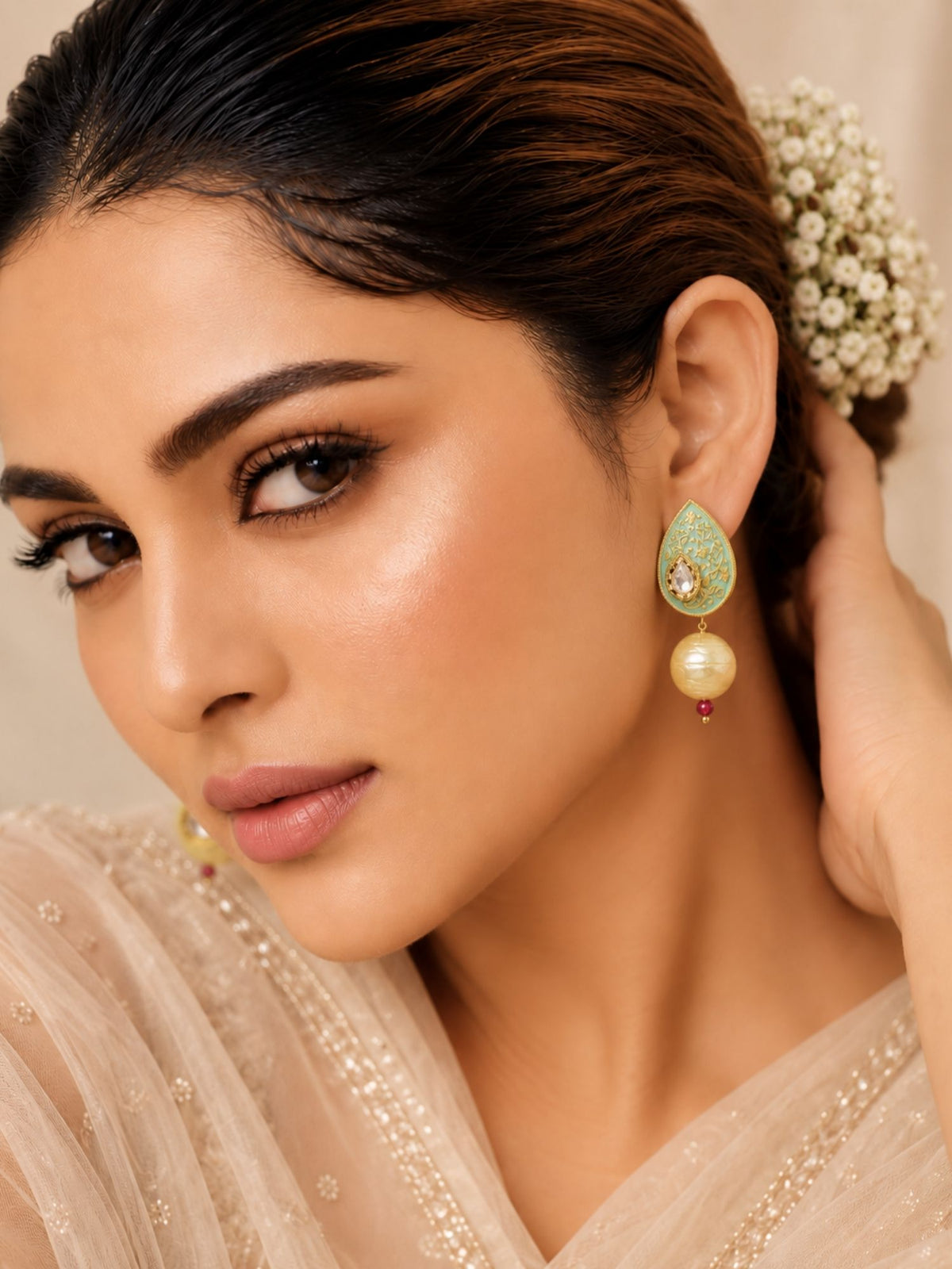 Mint Green Meenakari Kundan Pearl Earrings | Abdesigns Jewellery