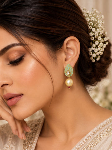 Mint Green Meenakari Kundan Pearl Earrings | Abdesigns Jewellery