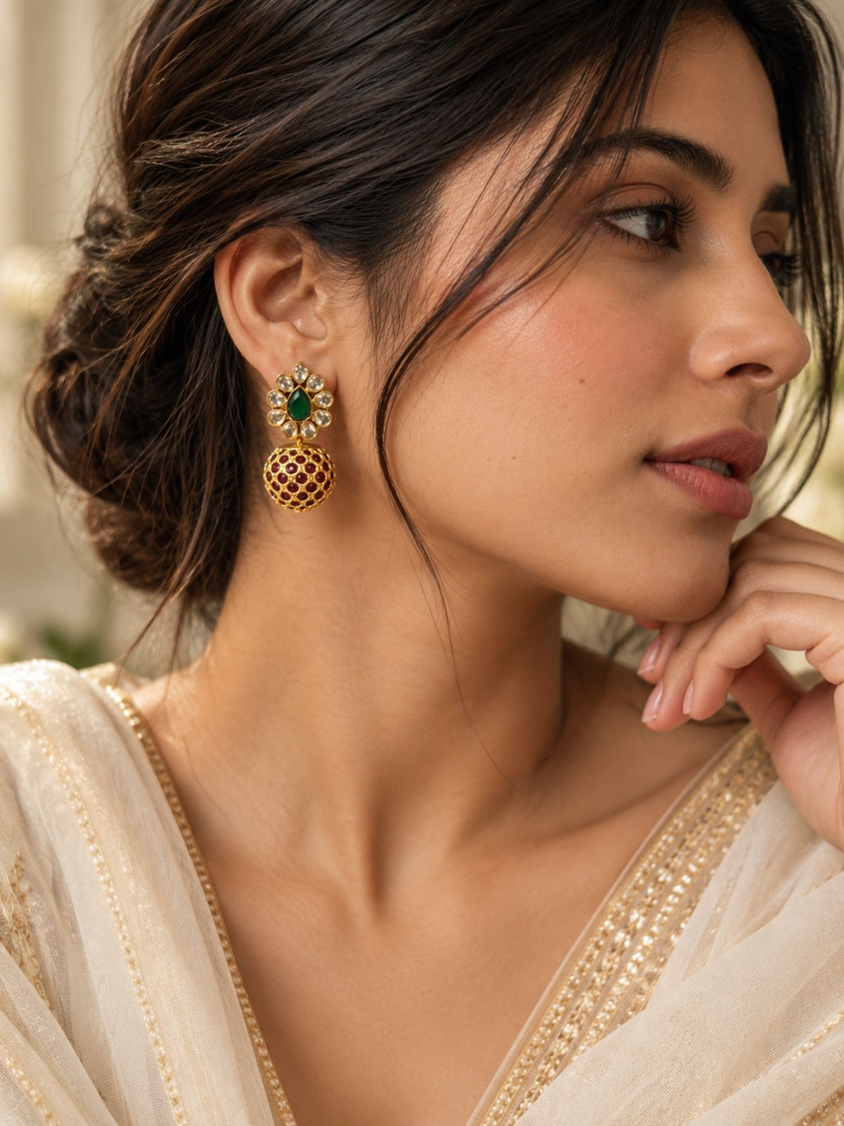 Kundan Green Ruby Ball Drop Earrings Gold Plated | Abdesigns
