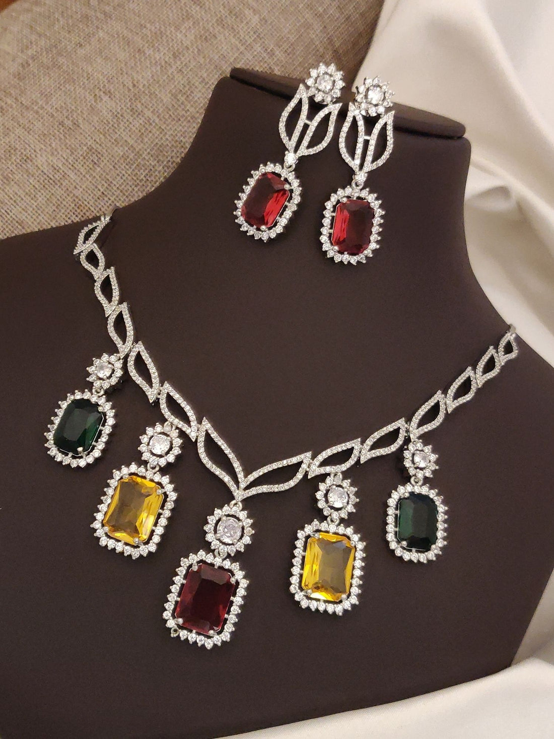 Abdesigns Silver Plated American Diamond Necklace Set