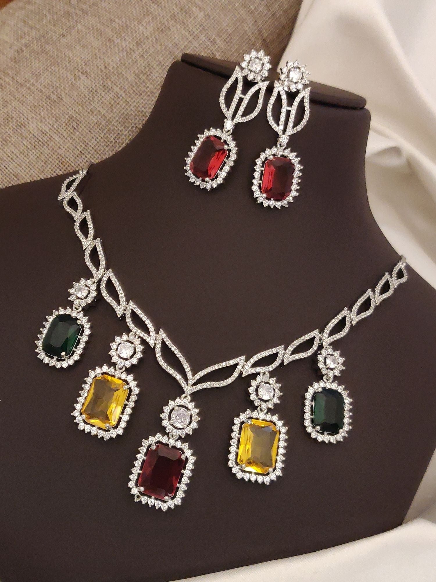 Abdesigns Silver Plated American Diamond Necklace Set