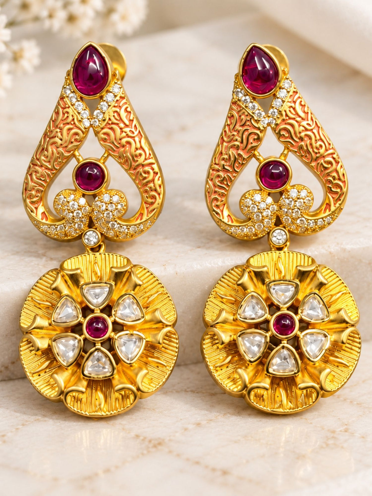 Red Meenakari Kundan Floral Statement Earrings | Abdesigns Jewellery