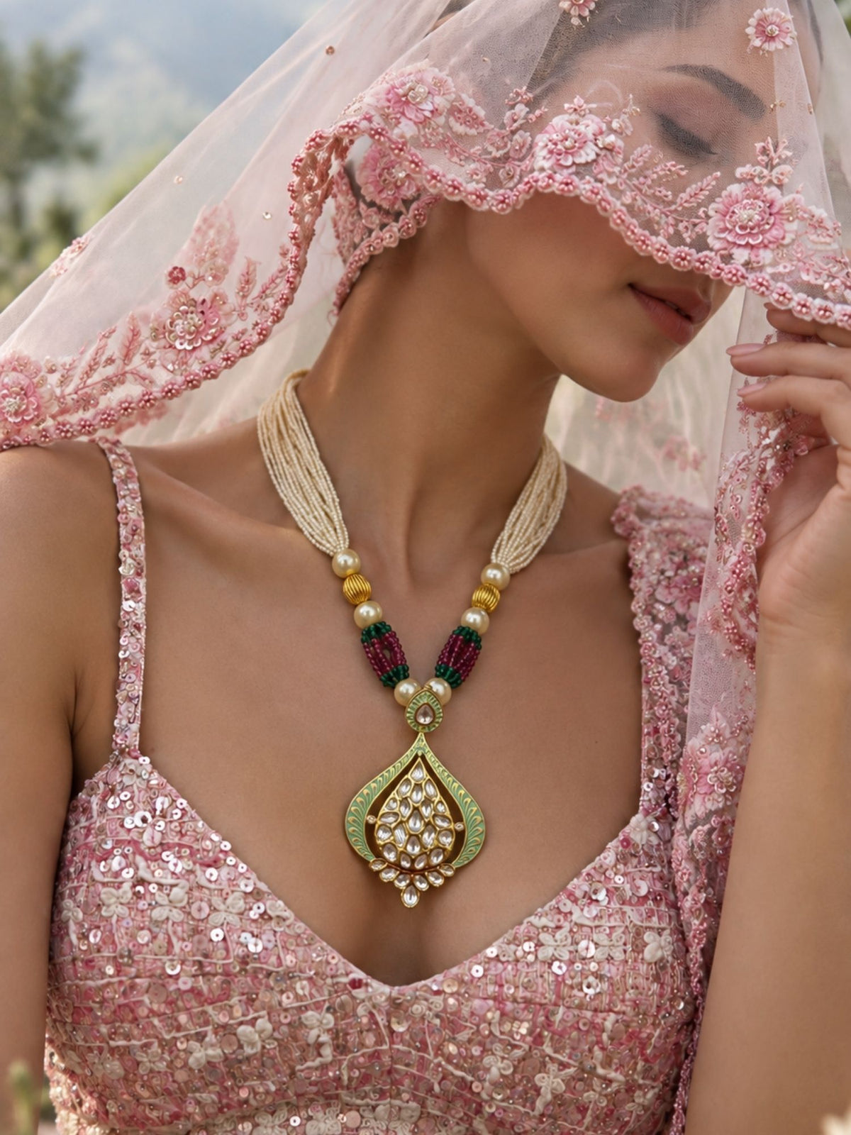 Kundan Pearl Teardrop Mala Necklace Set with Earrings, 4 Colours