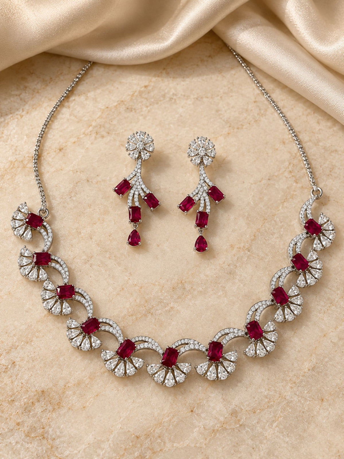 Silver Plated Red Color American Diamond Necklace Set