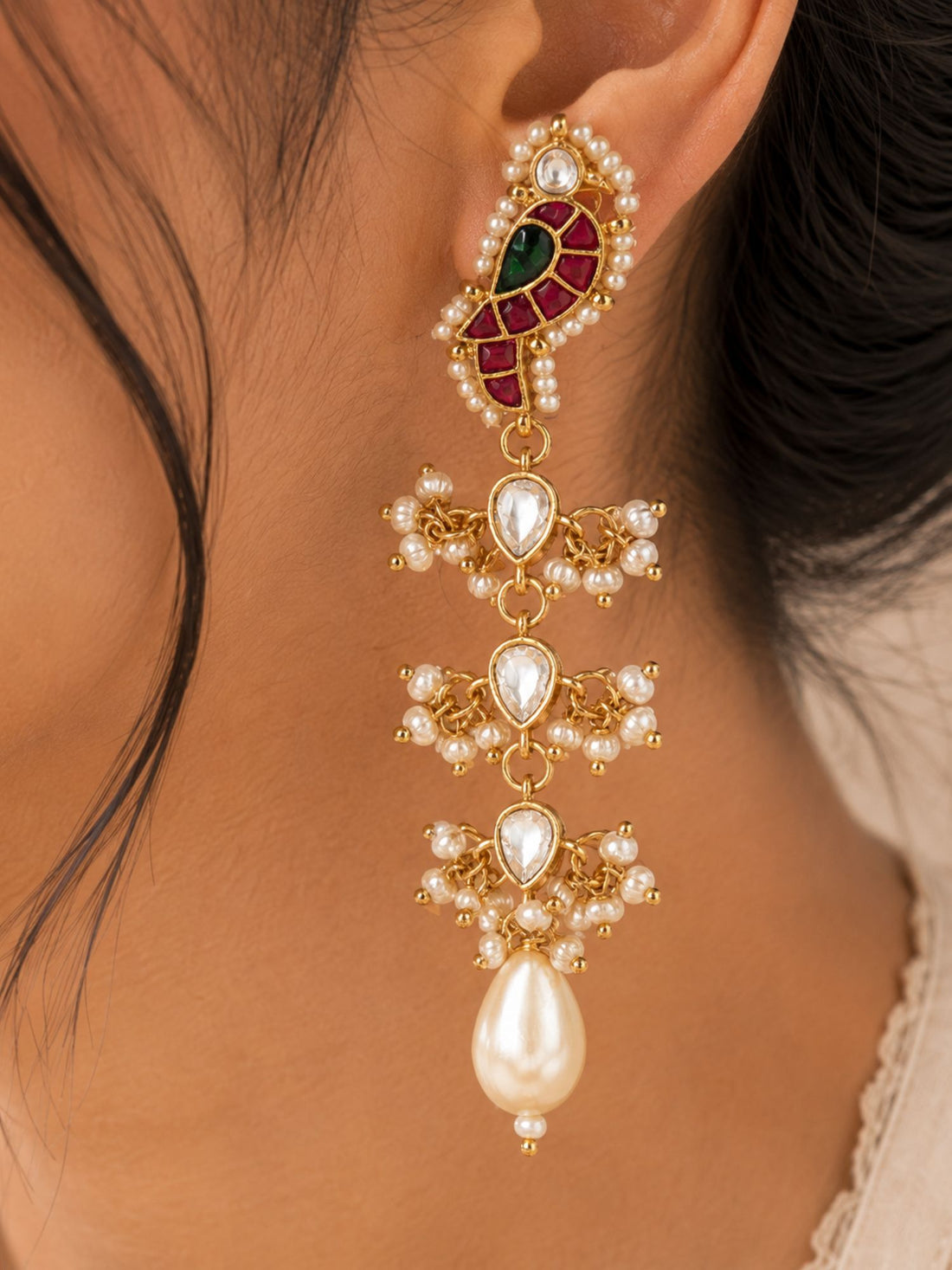 Abdesigns Traditional Pachi Kundan Parrot Bird Pearl Drop Earrings