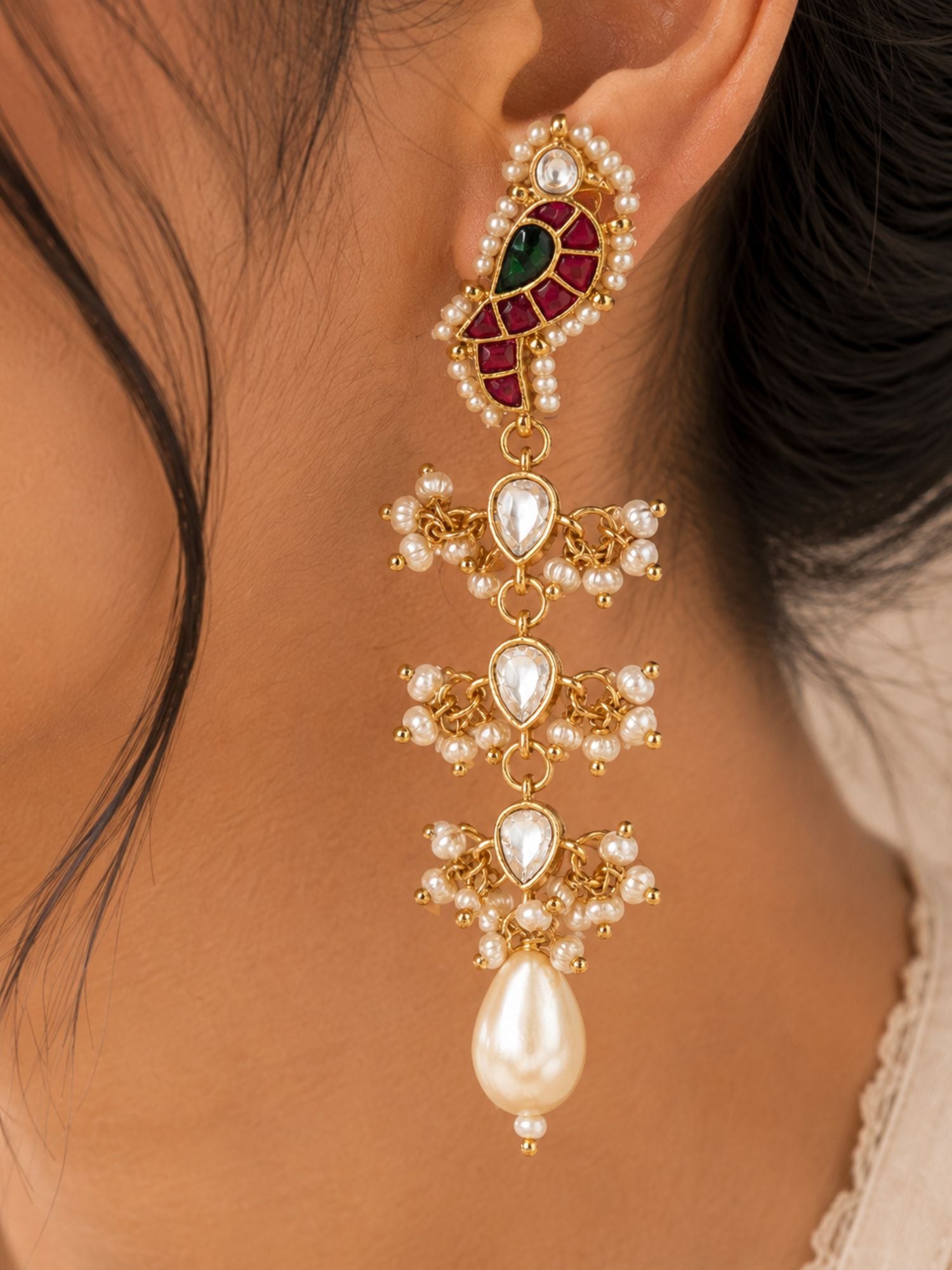 Abdesigns Traditional Pachi Kundan Parrot Bird Pearl Drop Earrings