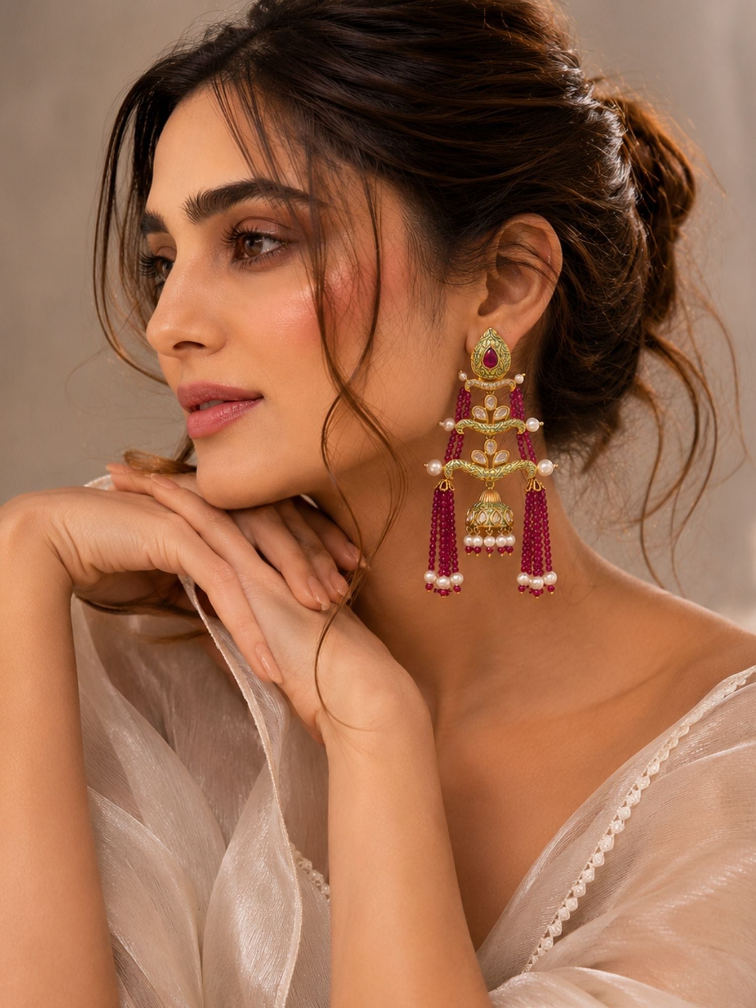 Royal Pink Beaded Jhumka Tassel Earrings – Traditional Kundan Statement Earrings - earrings by Abdesigns Jewellery