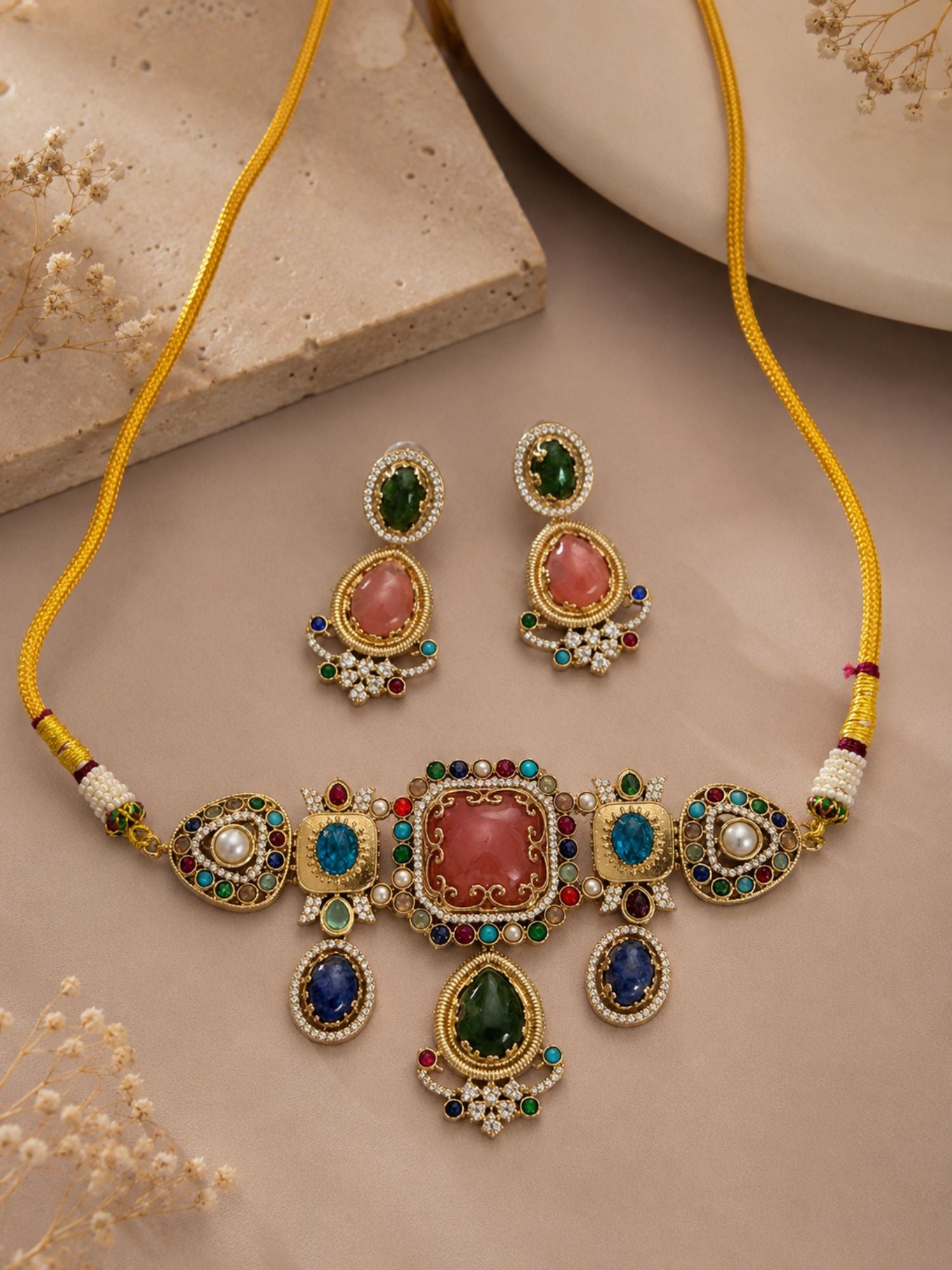 Royal Polki Multicolor Statement Gemstone Choker Set - necklace by Abdesigns Jewellery