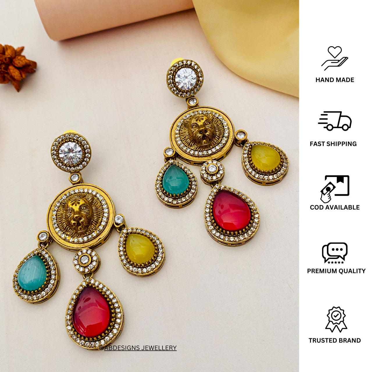 Classic Gold Plated Sabyasachi Inspired Lion Tiger Earrings - Abdesignsjewellery