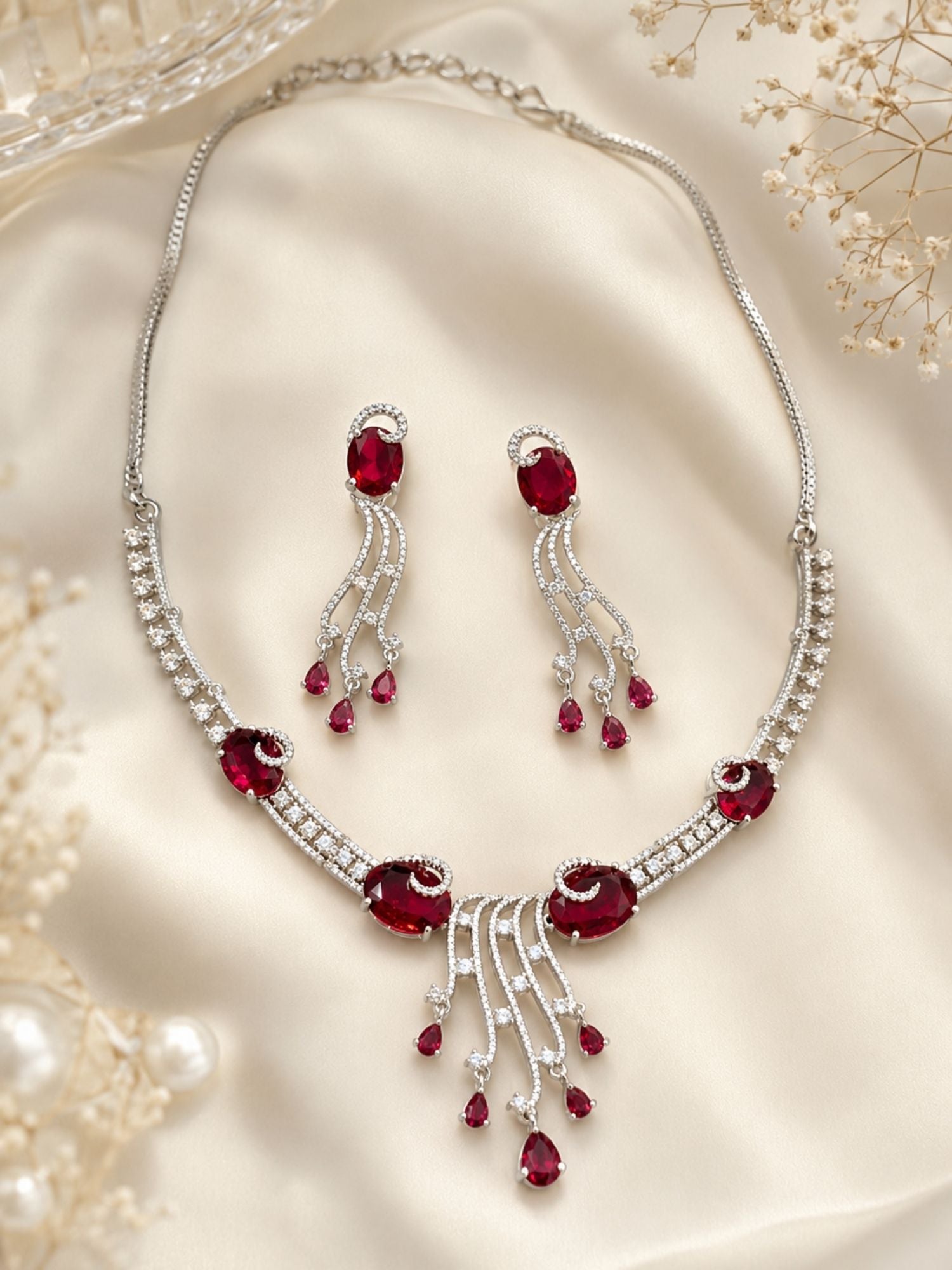Silver Tone Cz Emerald Ruby American Diamond Necklace Set | Abdesigns