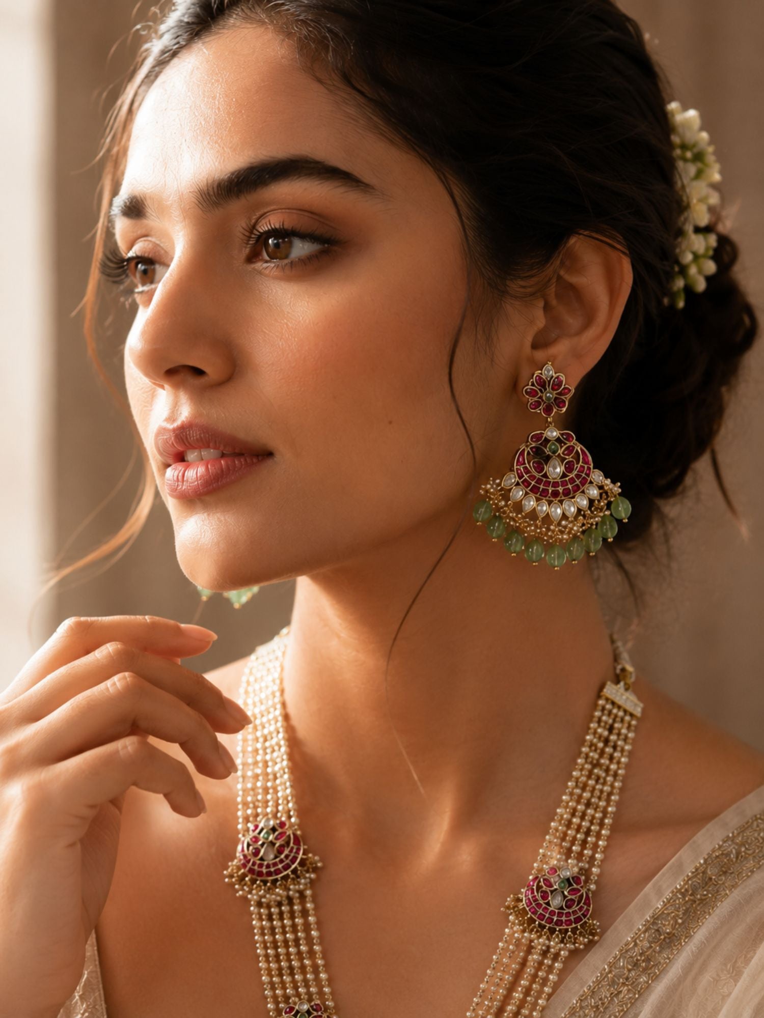 Abdesigns Royal Multi-Layer Pearl Kundan Necklace Set with Pink Stone Pendant