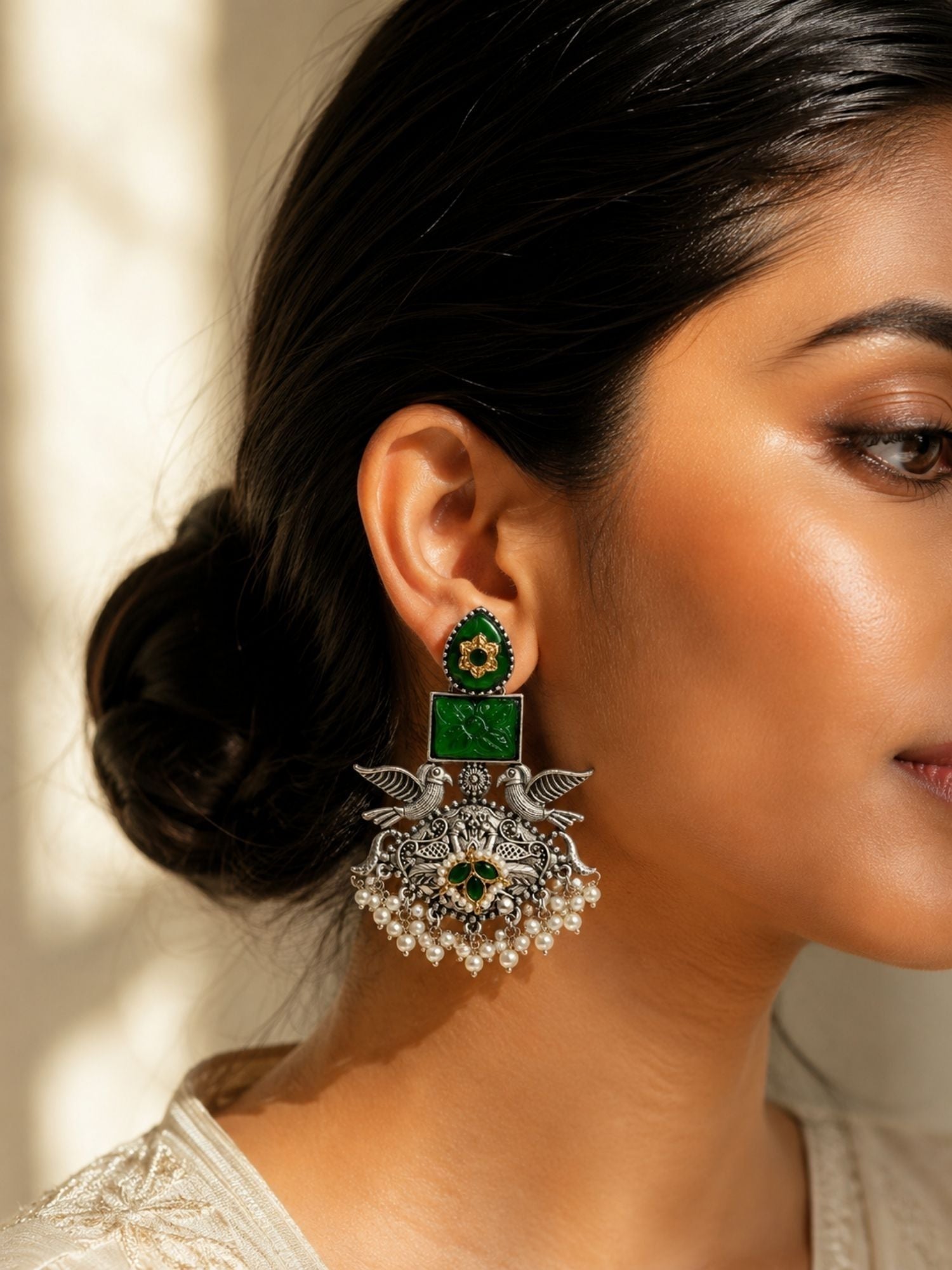 Oxidised Silver Earrings in Green Stone – Festive | Abdesigns