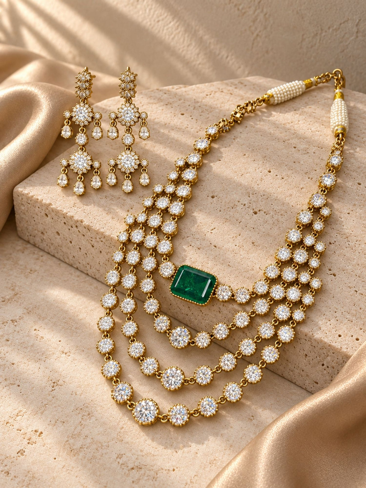 Victorian Gold Plated Green Stone Layered AD Statement Necklace Set with Earrings