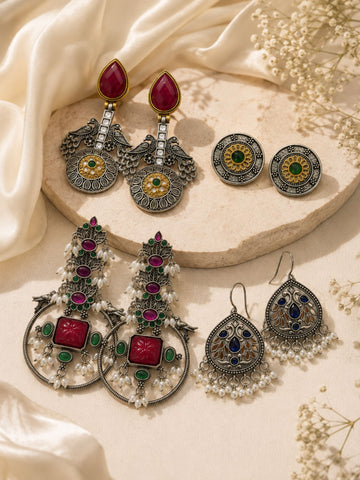 Set of 4 Oxidised Unique Ethnic Earrings for Women