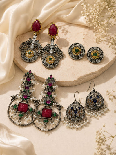 Set of 4 Oxidised Unique Ethnic Earrings for Women